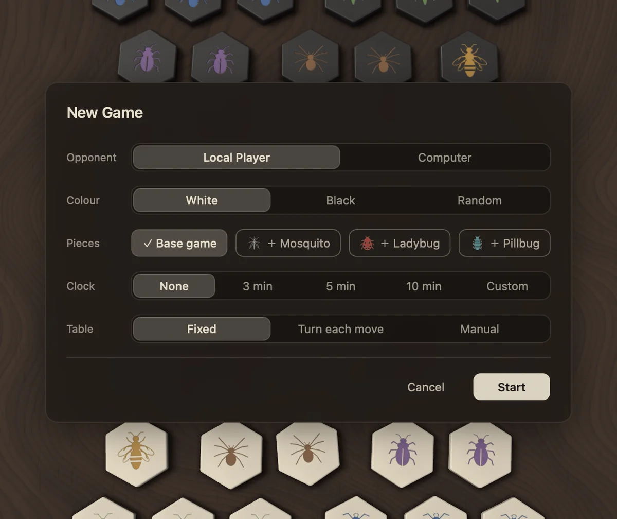 The New Game card: opponent, colour, the base game and three expansion pieces, clock and table mode.